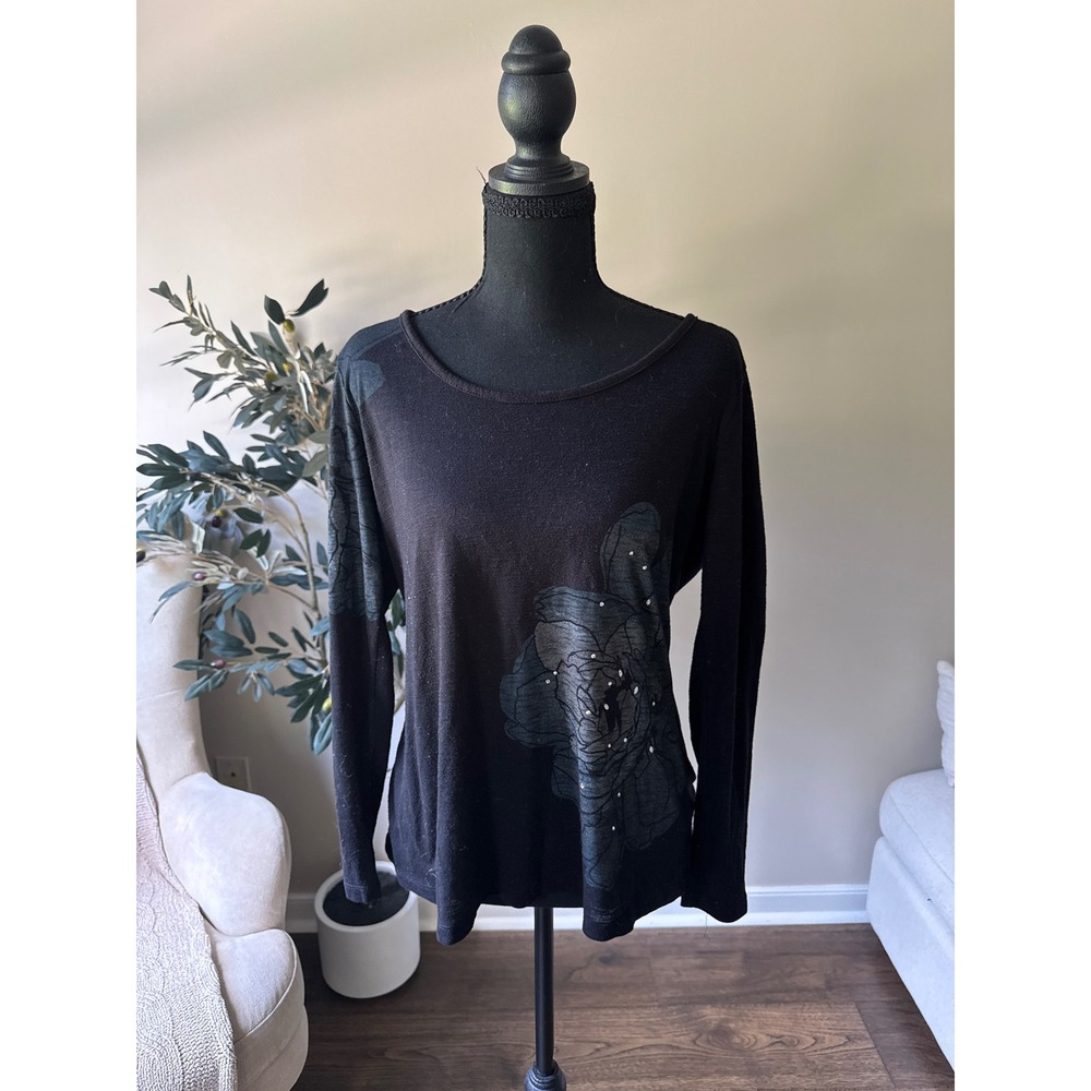 Madison Womens Black Floral Graphic Long Sleeve Scoop Neck Top Size L